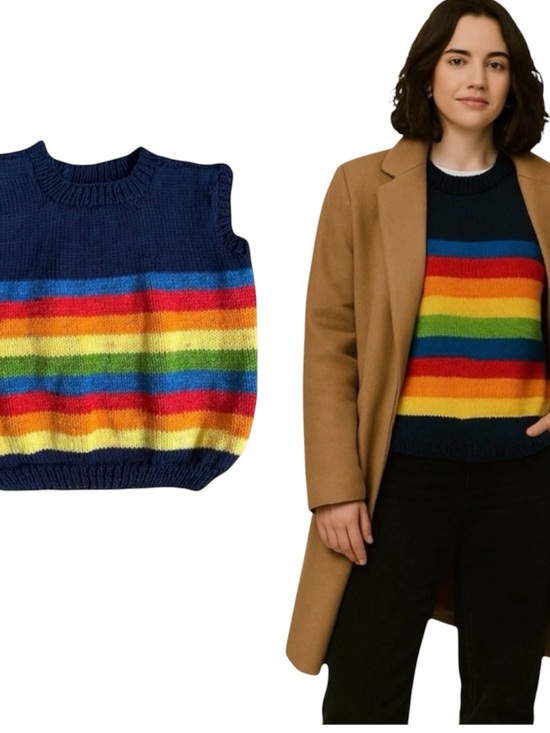 Handmade Sweaters - Hand Knit Sweater Vest Large Rainbow Sleeveless Colorful Boxy Teacher Boxy